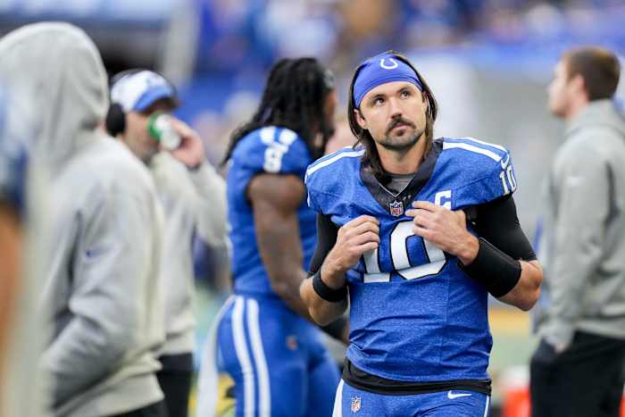 Indianapolis Colts quarterback Gardner Minshew II (10) walks the sideline Sunday, Oct. 22, 2023, during a game against the Cleveland Browns at Lucas Oil Stadium in Indianapolis.